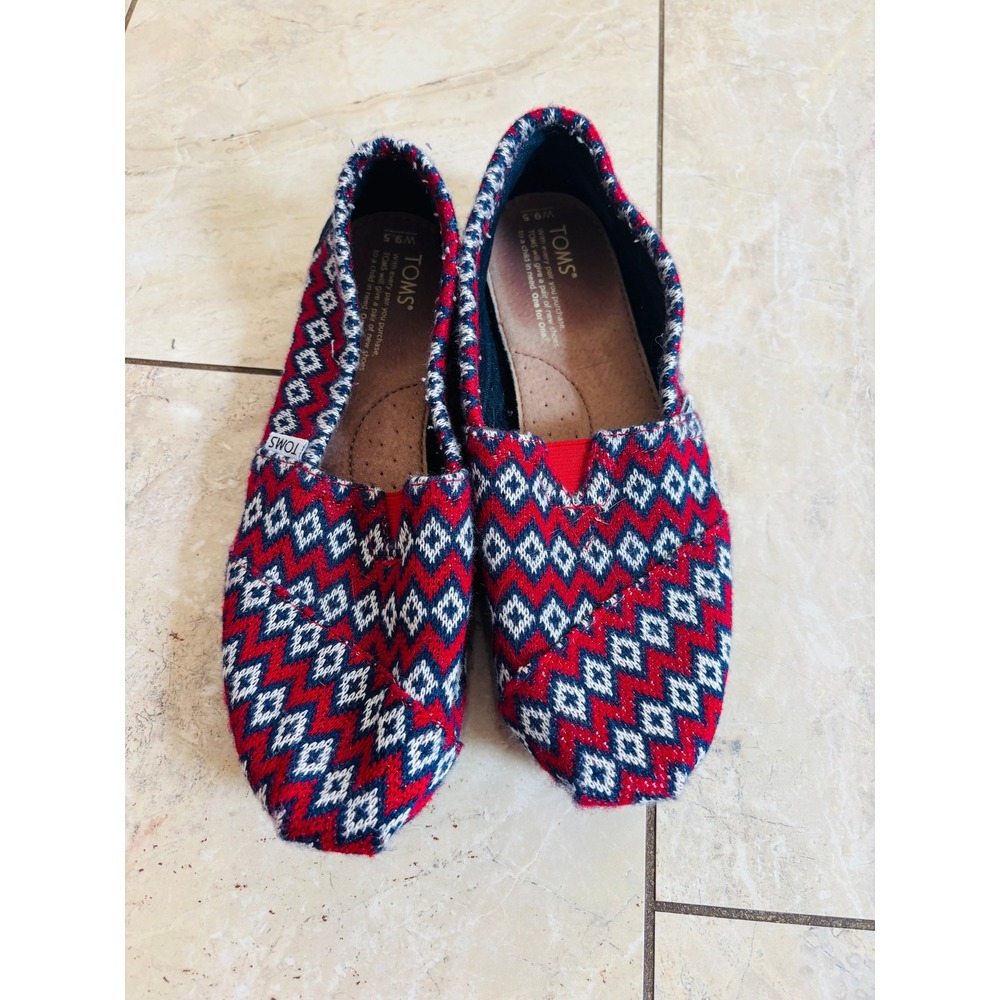 TOMS Classic Alpargata Red White Blue Fair Isle Knit Slip On Shoes Womens 9.5W